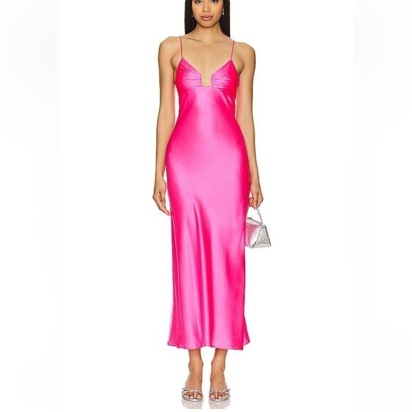 NWT Susana Monaco Silk Midi Dress Shocking Pink slip bias cut Revolve L - Picture 1 of 9